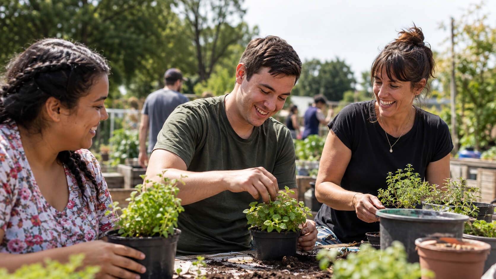 Three people laughing together while potting herbs at an outdoor community garden.