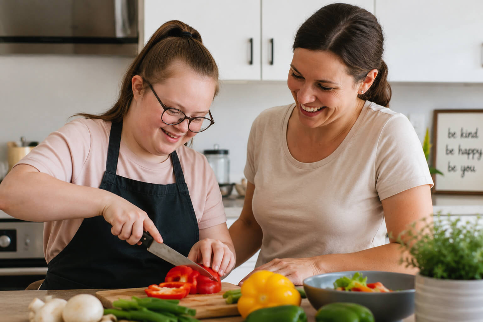 A support worker beside a young woman preparing vegetables together in a bright kitchen.
